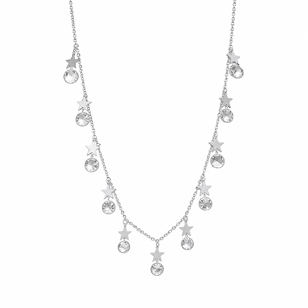 Silver Star and Crystal Drop Charm Necklace