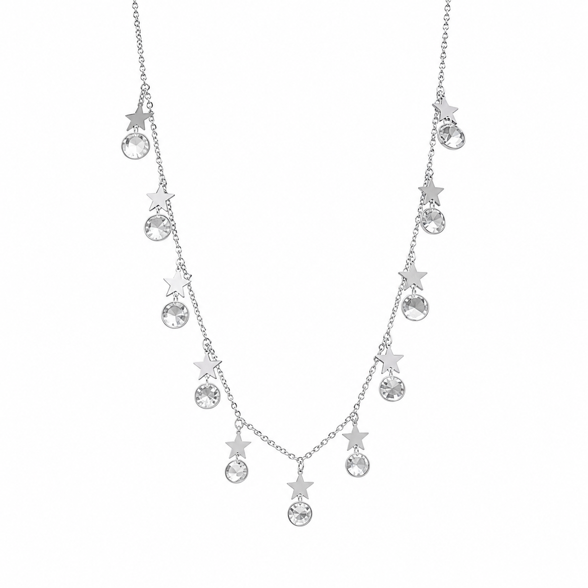 Silver Star and Crystal Drop Charm Necklace