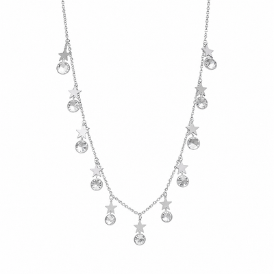 Silver Star and Crystal Drop Charm Necklace