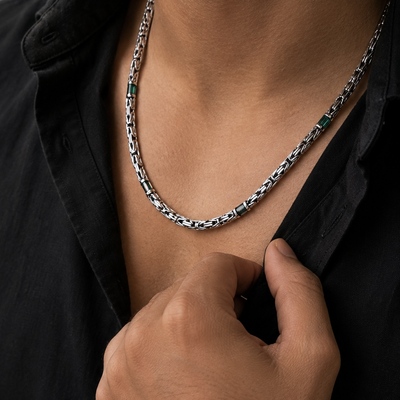 Silver Byzantine Chain Necklace with Emerald Stations