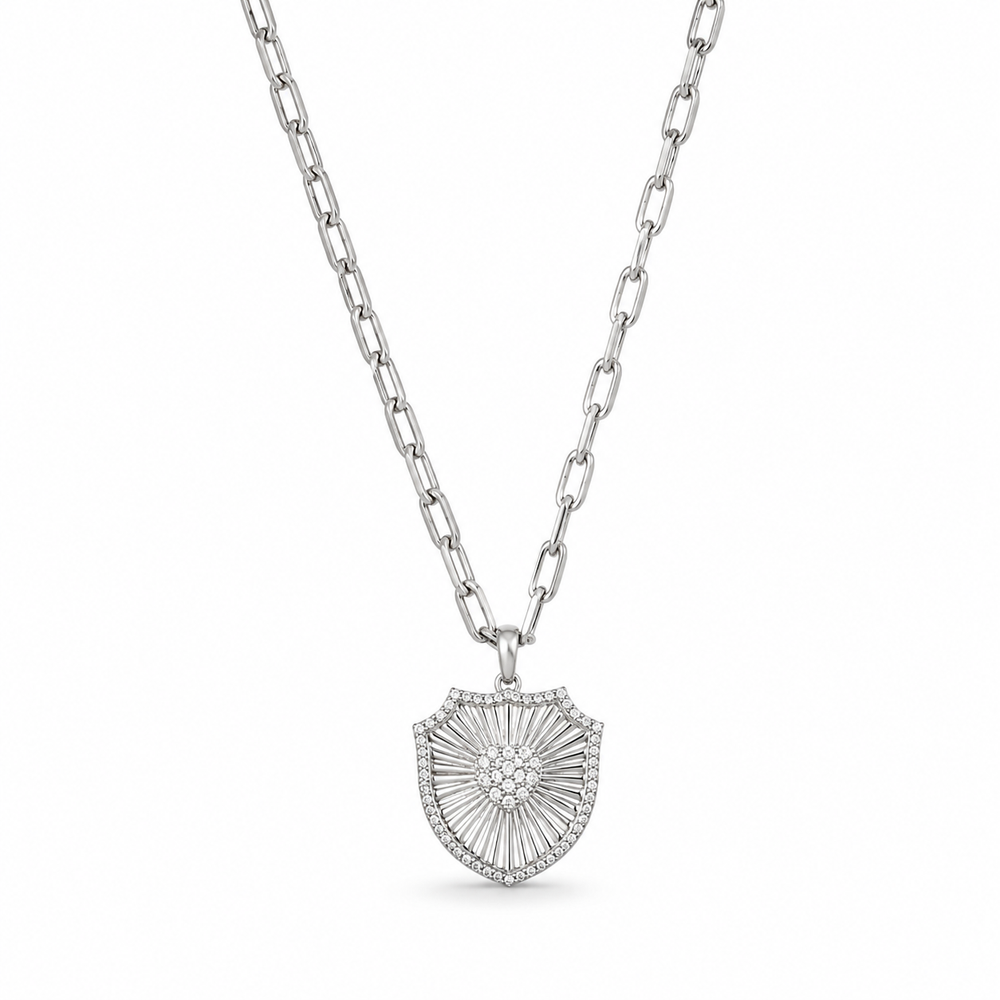 Silver Shield Pendant with Paperclip Chain