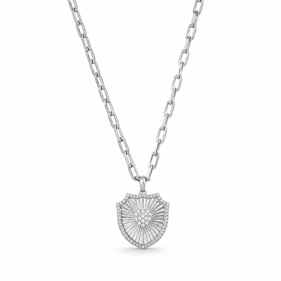 Silver Shield Pendant with Paperclip Chain