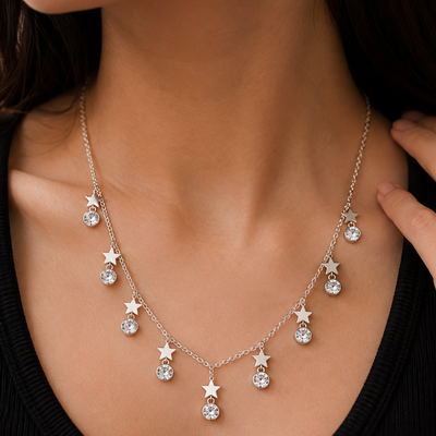 Silver Star and Crystal Drop Charm Necklace