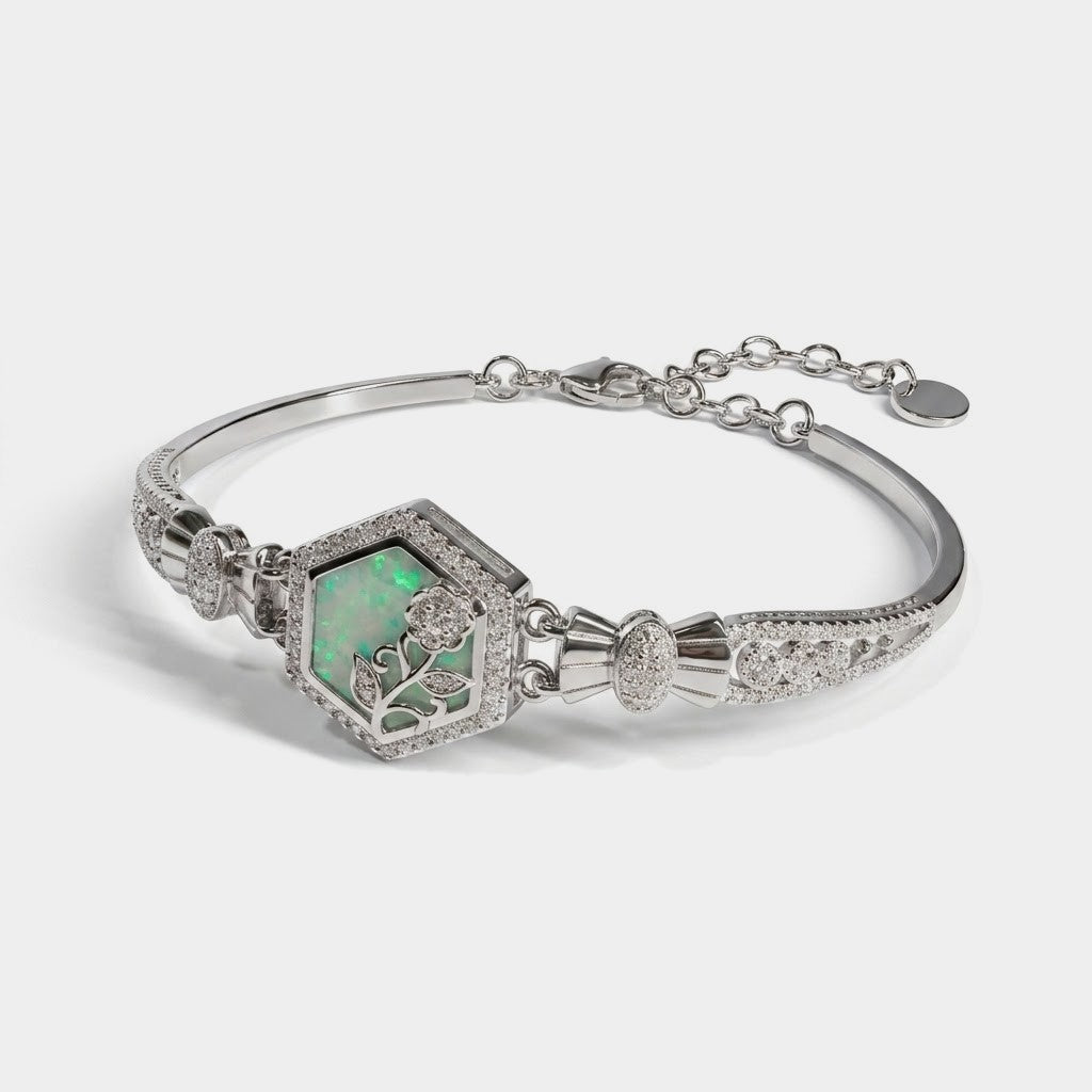 Silver Hexagonal Floral Opal Bracelet