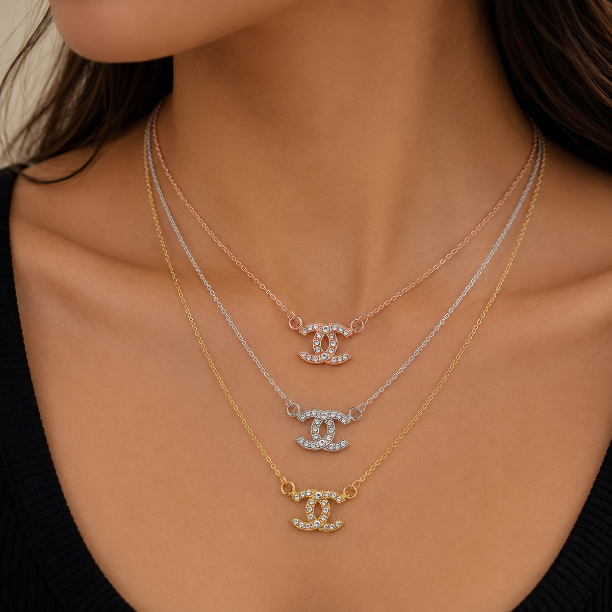 Silver Crystal Interlocking 'C' Layered Necklace