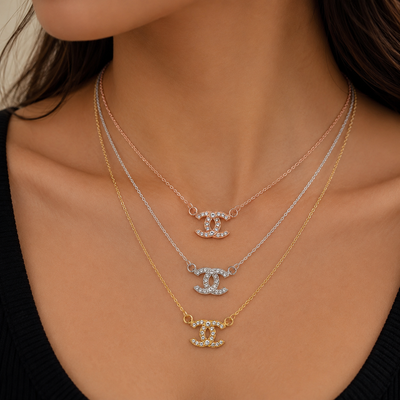 Silver Crystal Interlocking 'C' Layered Necklace