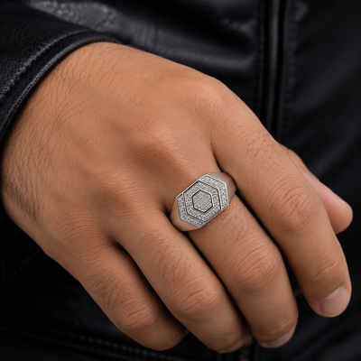 Silver Hexagonal Stone Pavé Signet Ring