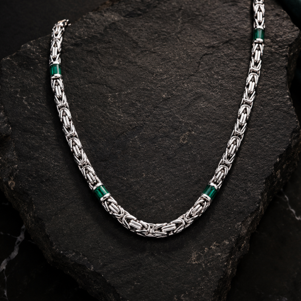 Silver Byzantine Chain Necklace with Emerald Stations