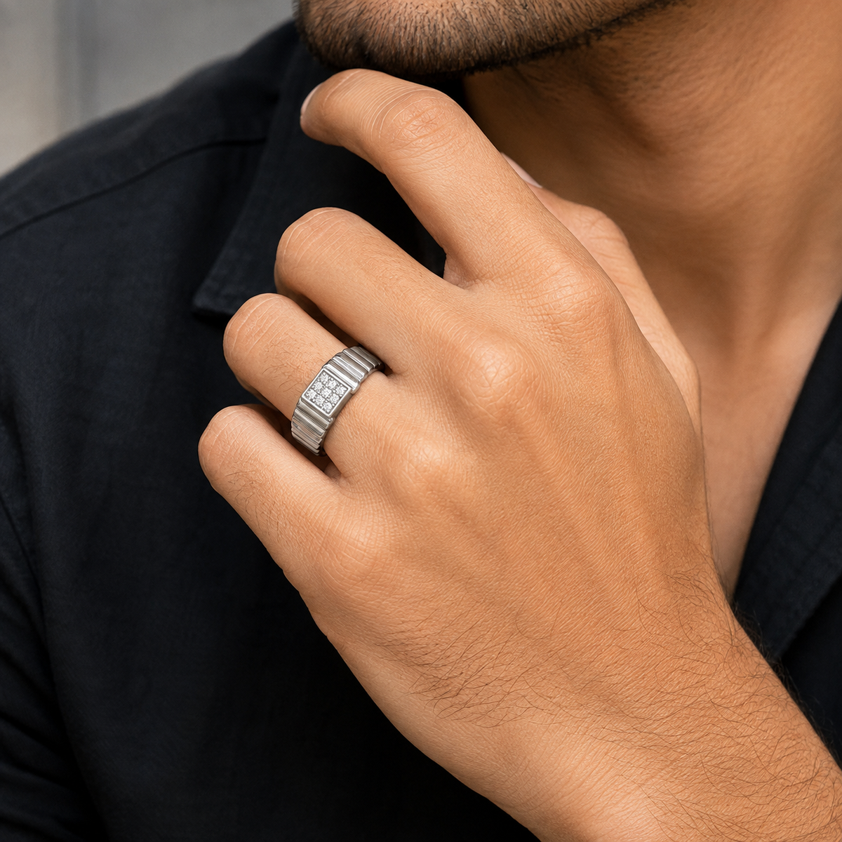 Silver Stone Square Cluster Signet Ring