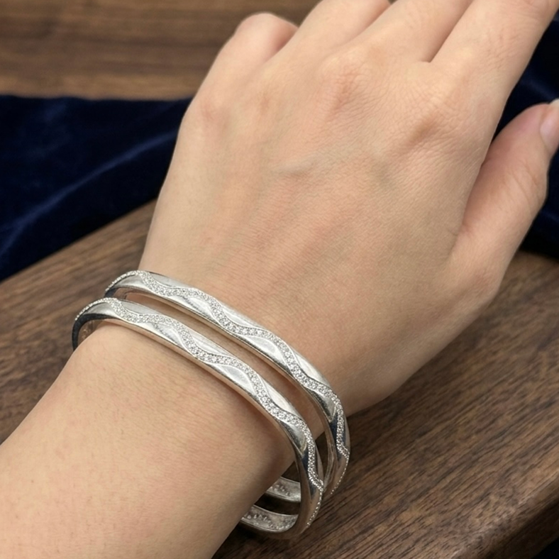 Silver Wavy Accent Kada Bangles (Set of 2)
