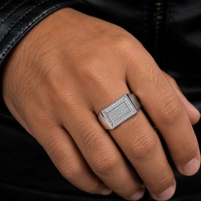 Silver Stone Pave Rectangular Signet Ring