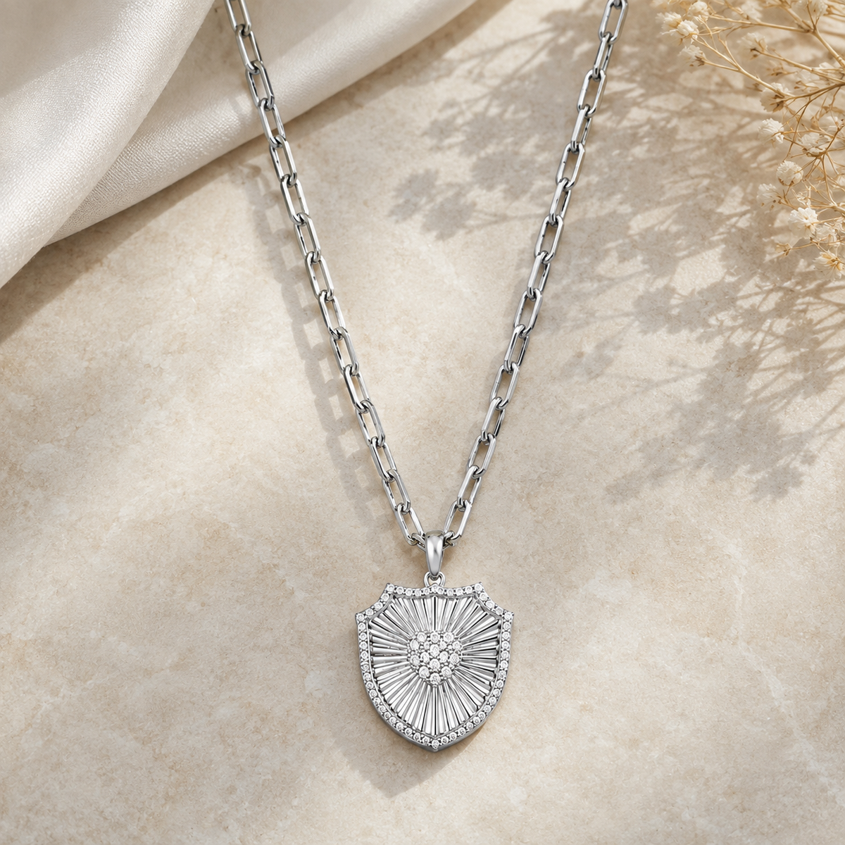 Silver Shield Pendant with Paperclip Chain