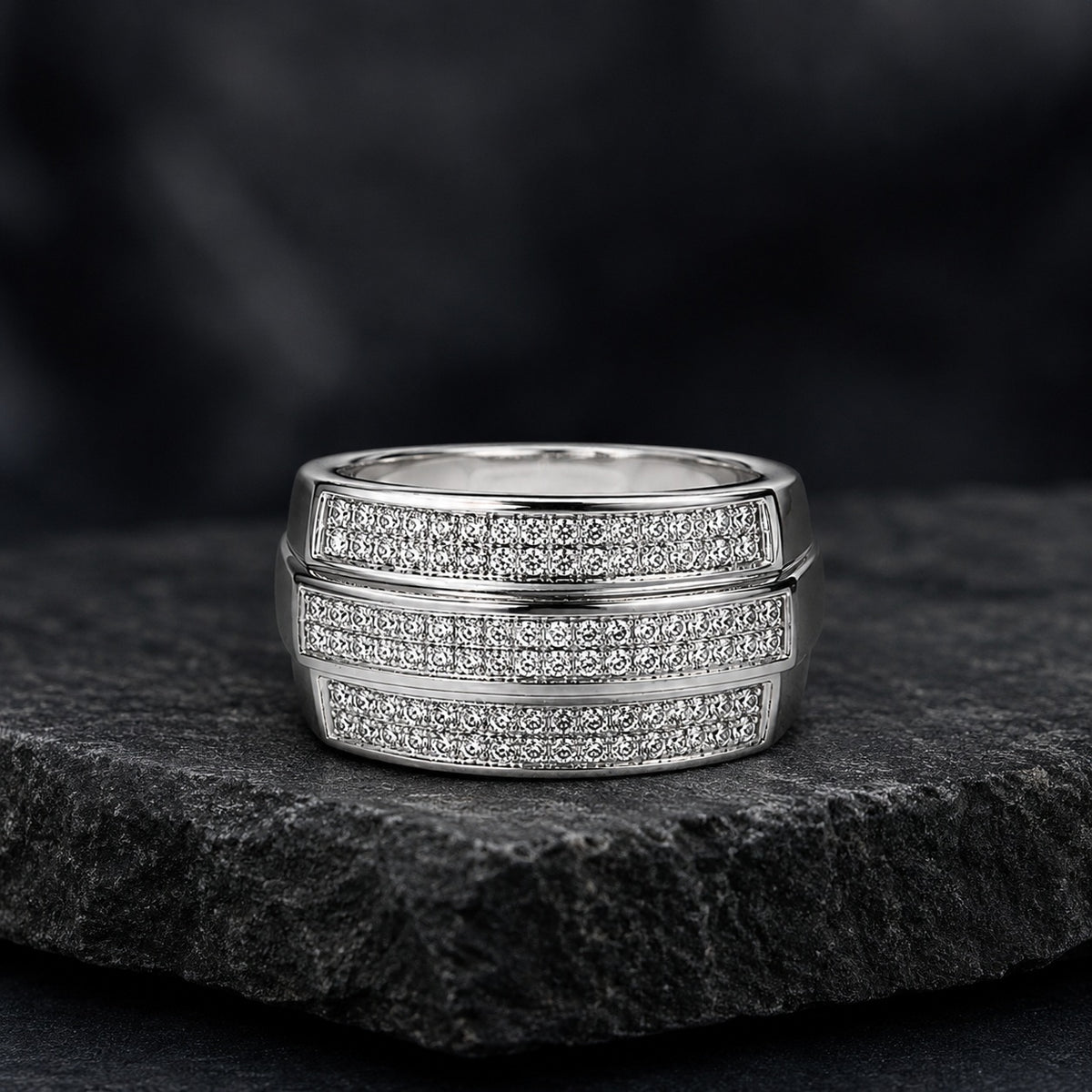 Silver Three-Row Stone Pavé Band Ring