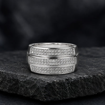 Silver Three-Row Stone Pavé Band Ring