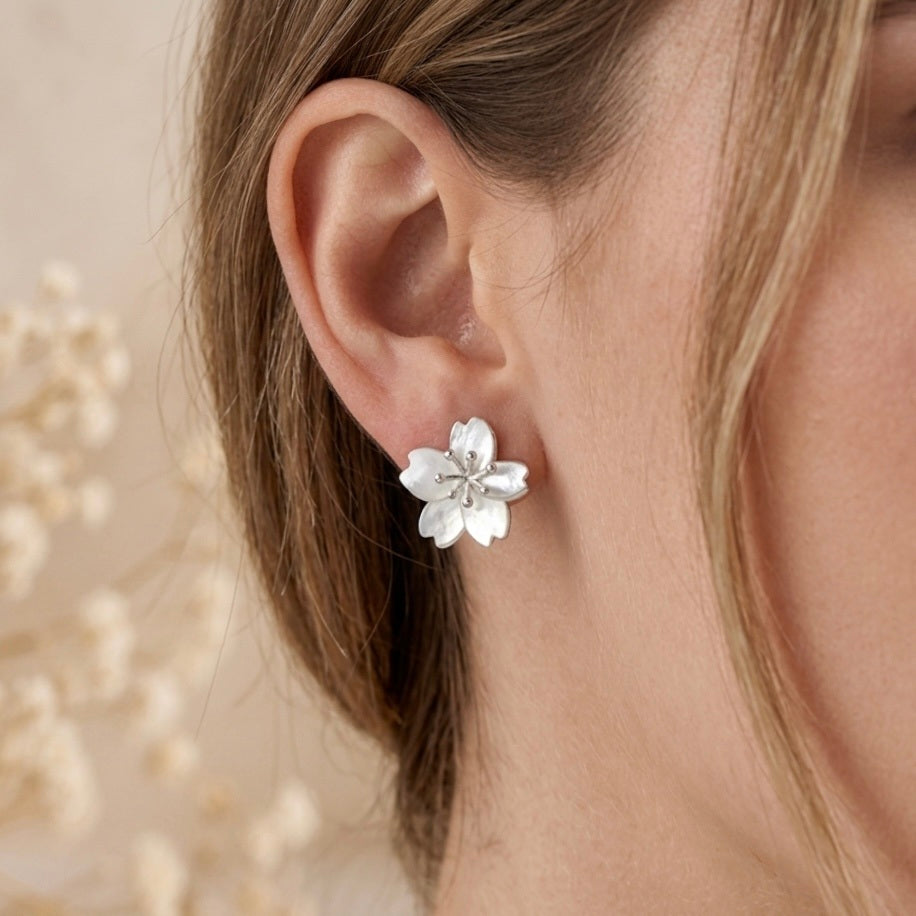 Silver Quartz Flower Stud Earrings
