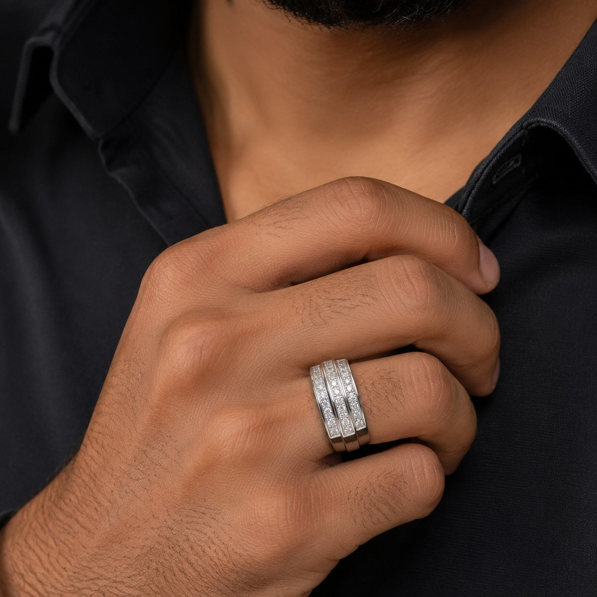 Silver Three-Row Stone Pavé Band Ring