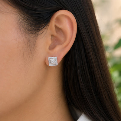 Silver Geometric Baguette and Round Stud Earrings