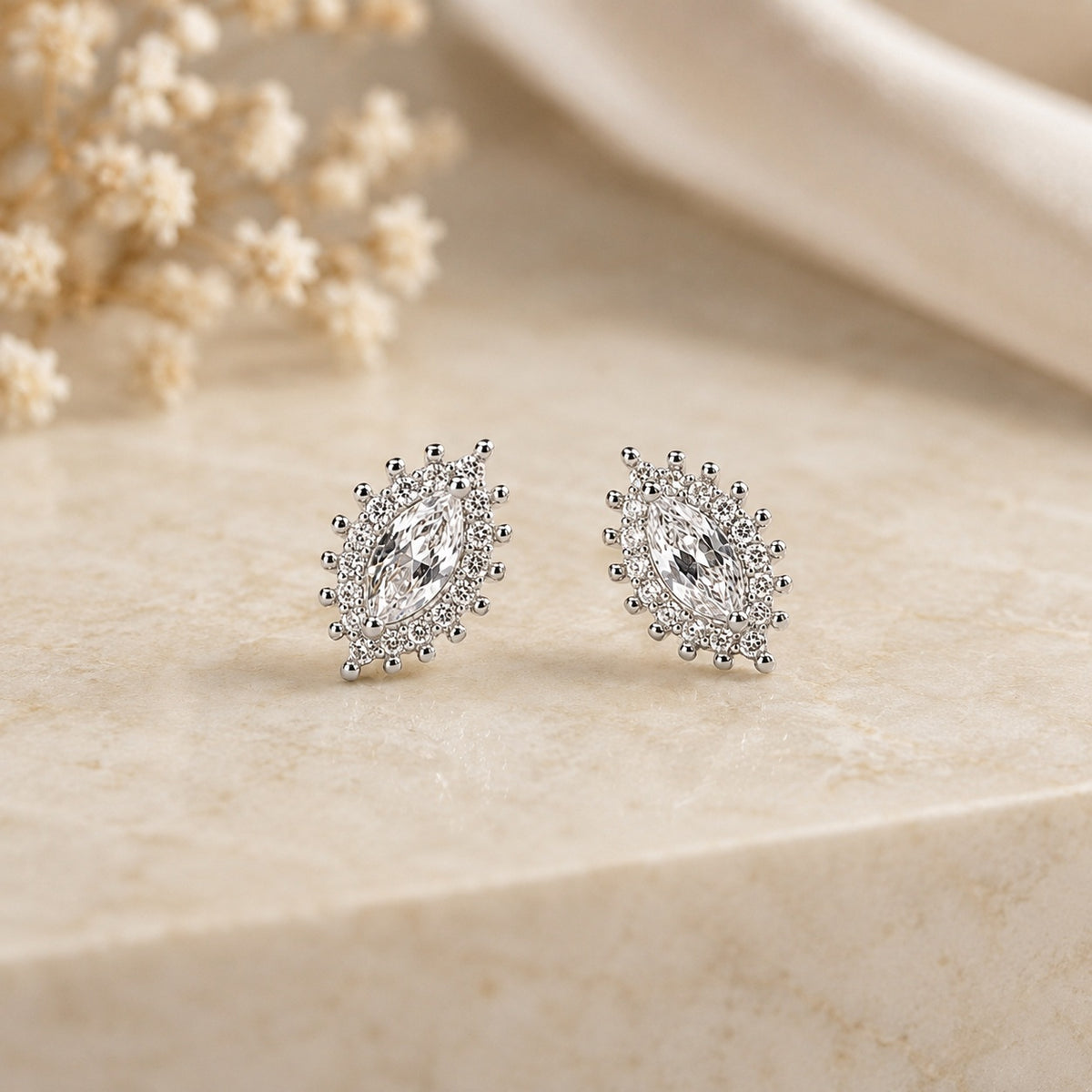 Silver Marquise Halo Stud Earrings