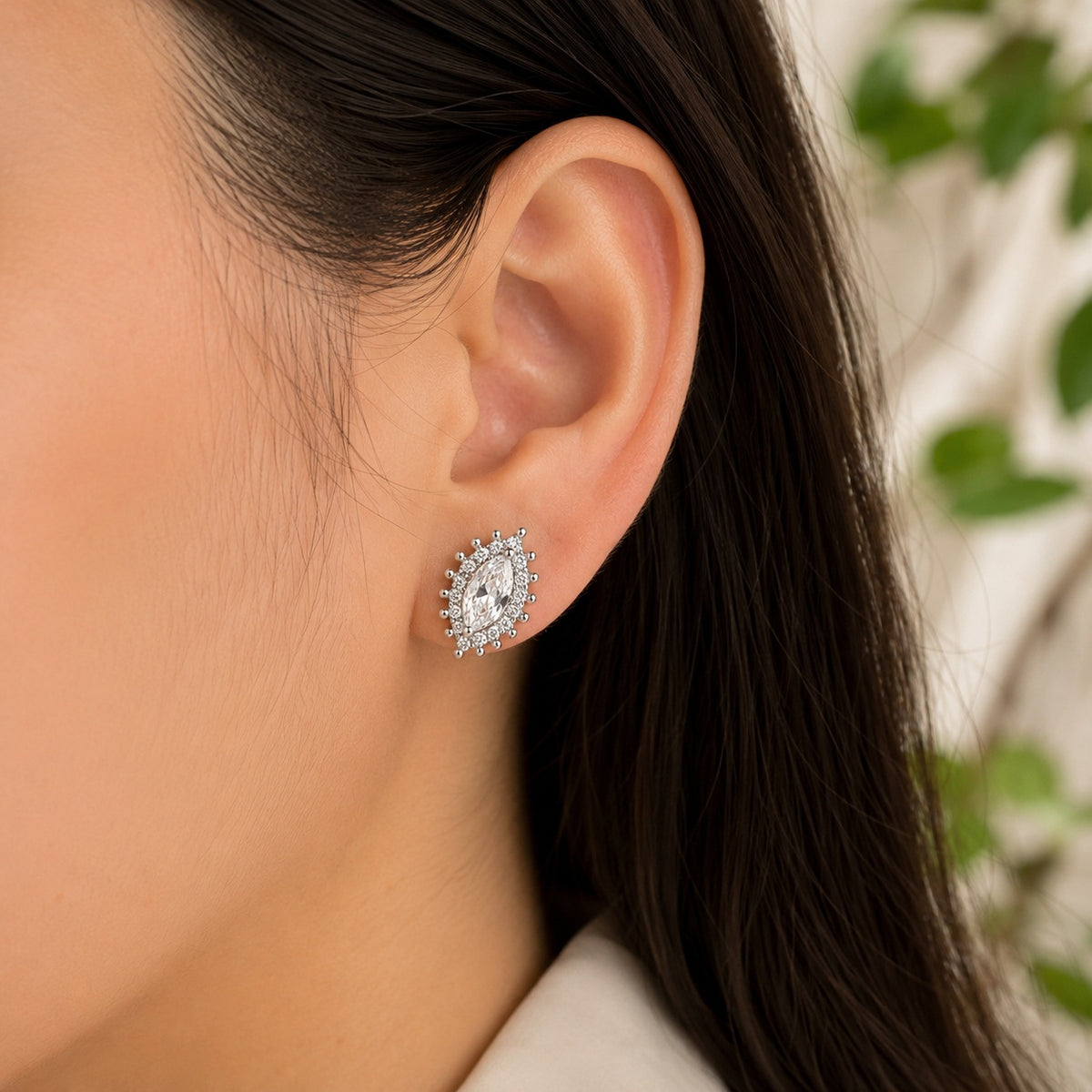 Silver Marquise Halo Stud Earrings