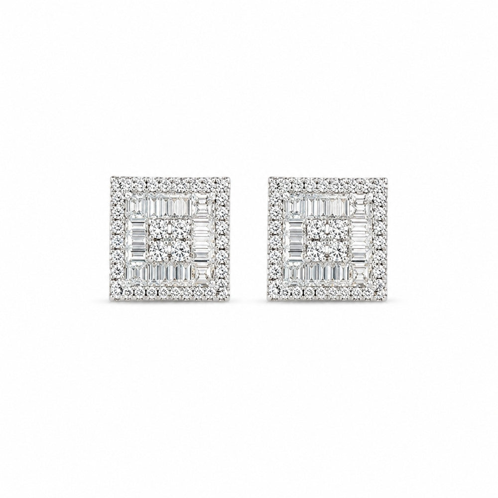 Silver Geometric Baguette and Round Stud Earrings
