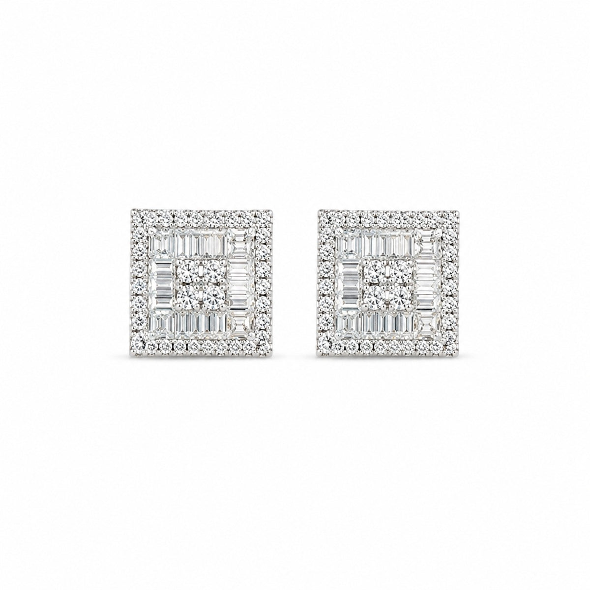 Silver Geometric Baguette and Round Stud Earrings