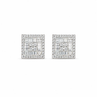 Silver Geometric Baguette and Round Stud Earrings