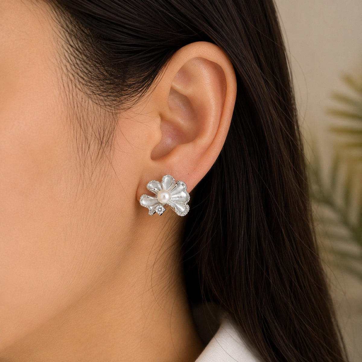 Silver Pearl Clover Stud Earrings