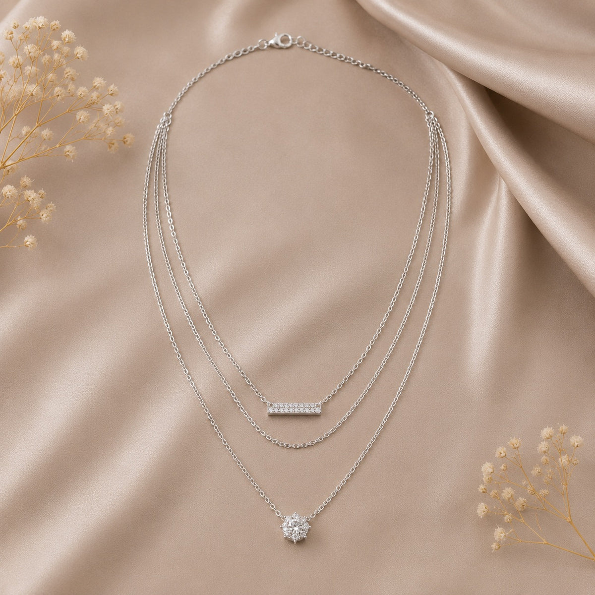 Silver Stones Bar and Cluster Layered Necklace