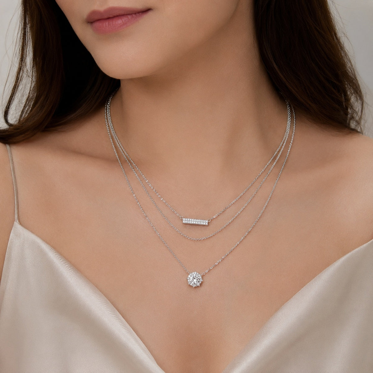 Silver Stones Bar and Cluster Layered Necklace