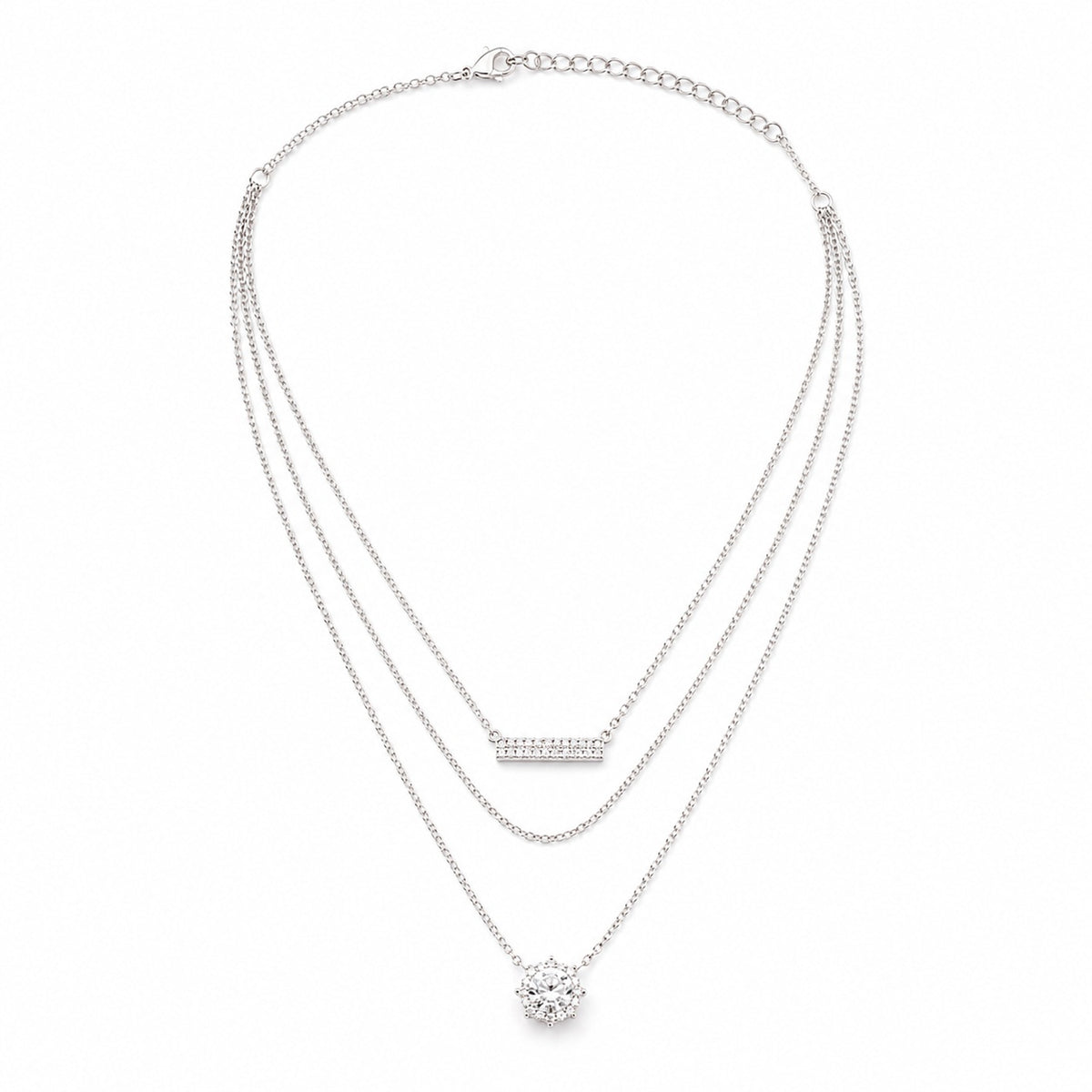 Silver Stones Bar and Cluster Layered Necklace