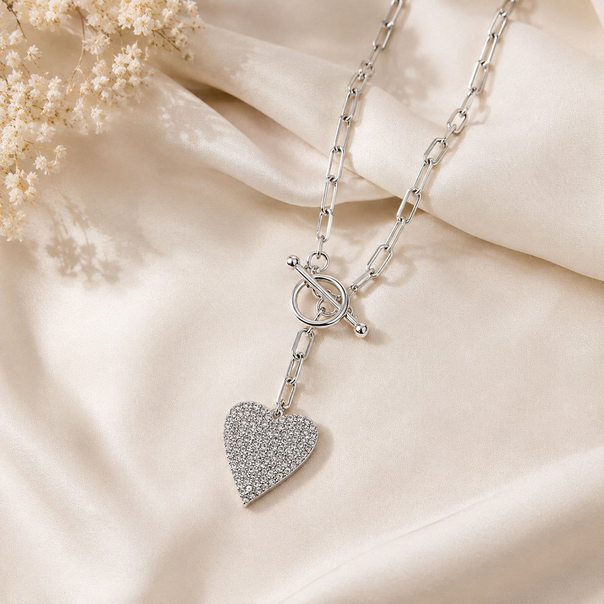 Silver Pavé Heart Toggle Necklace