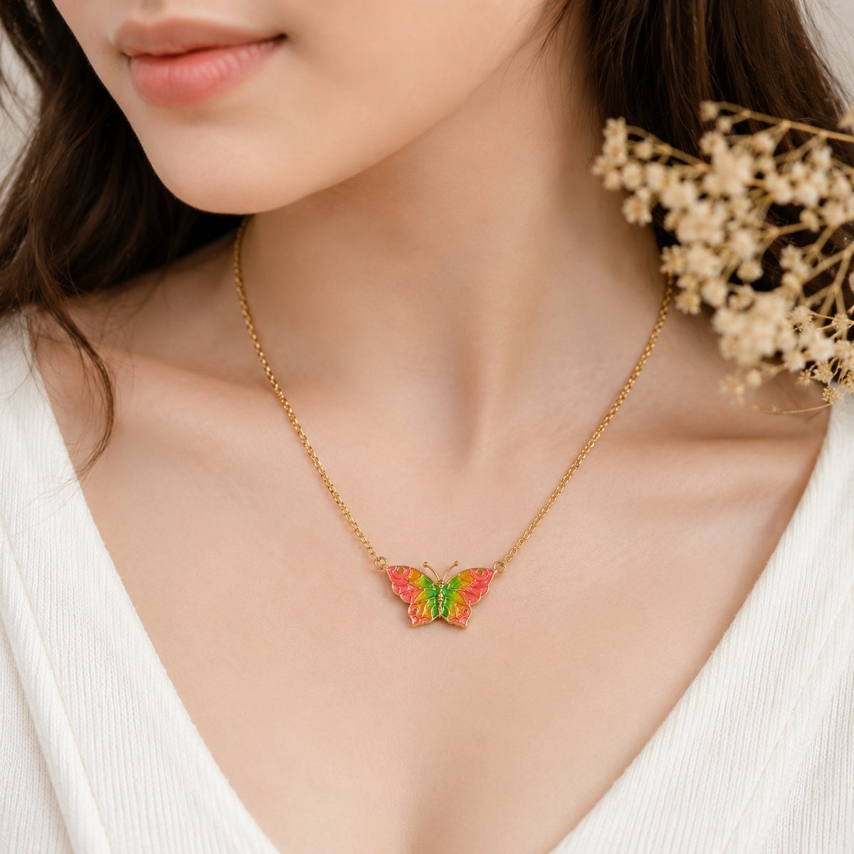 Silver Vibrant Enamel Butterfly Charm Necklace