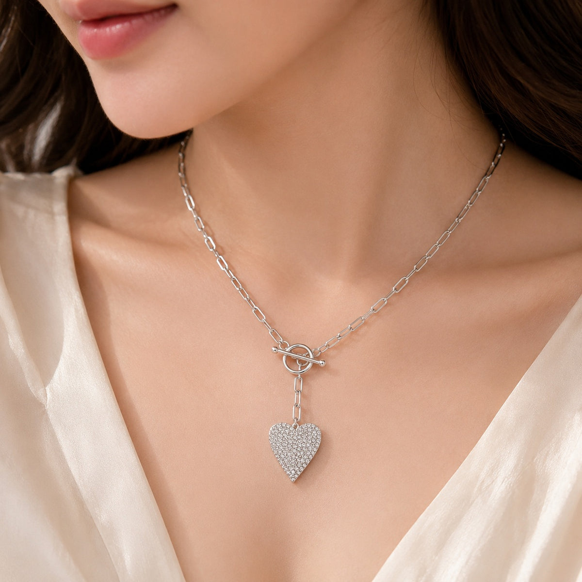 Silver Pavé Heart Toggle Necklace