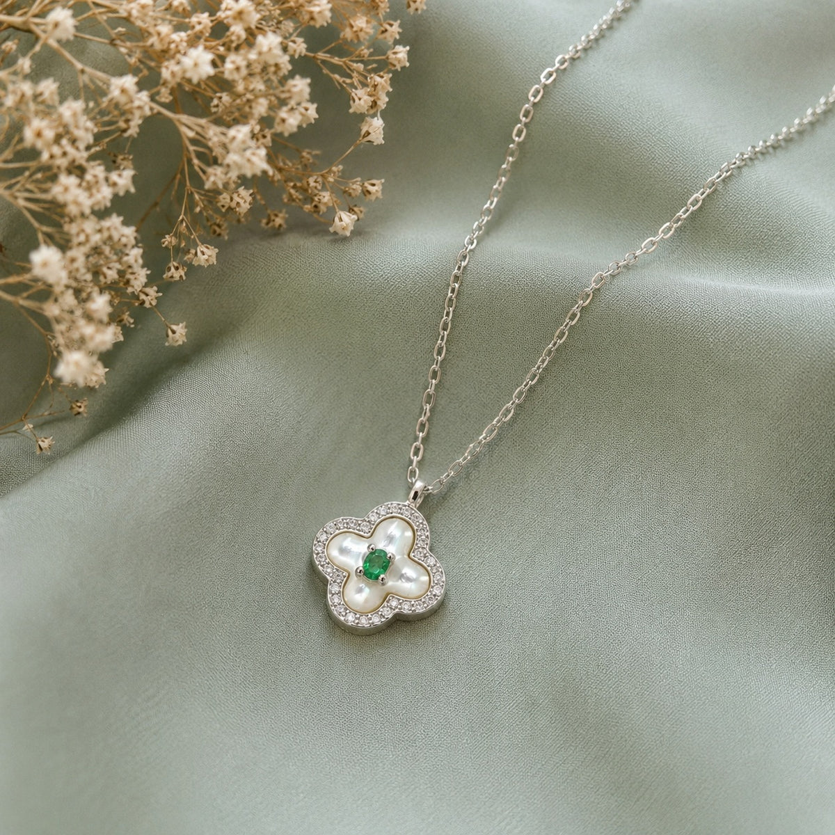 Silver Emerald Clover Charm Pendant with Chain