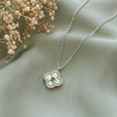 Silver Emerald Clover Charm Pendant with Chain