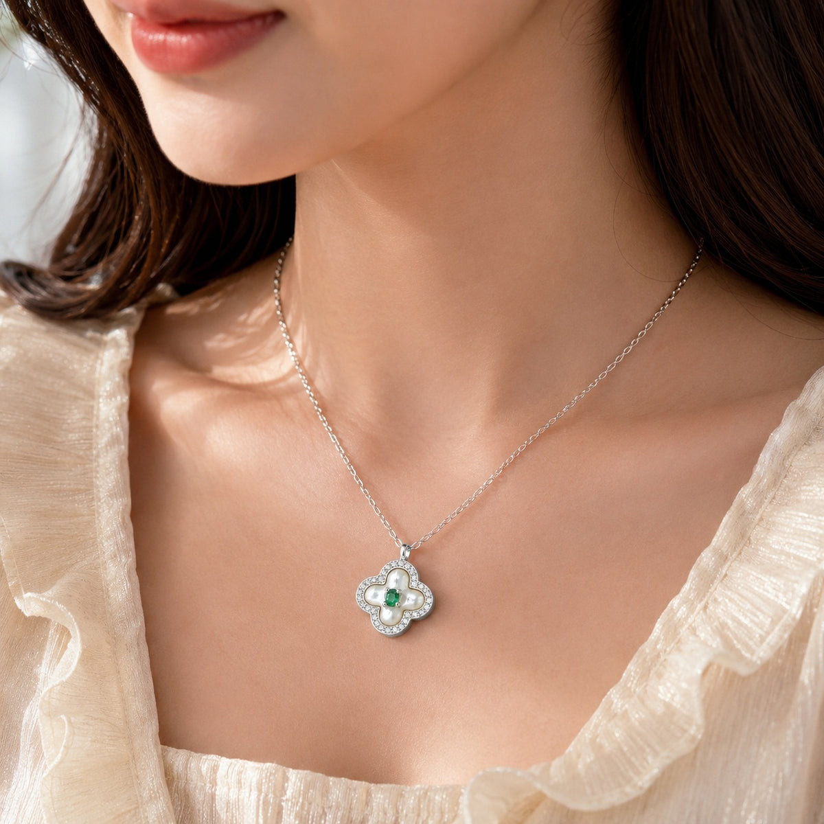 Silver Emerald Clover Charm Pendant with Chain
