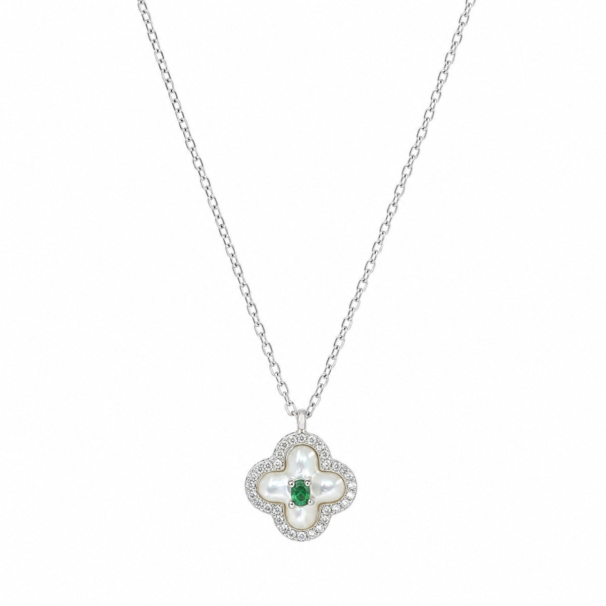 Silver Emerald Clover Charm Pendant with Chain