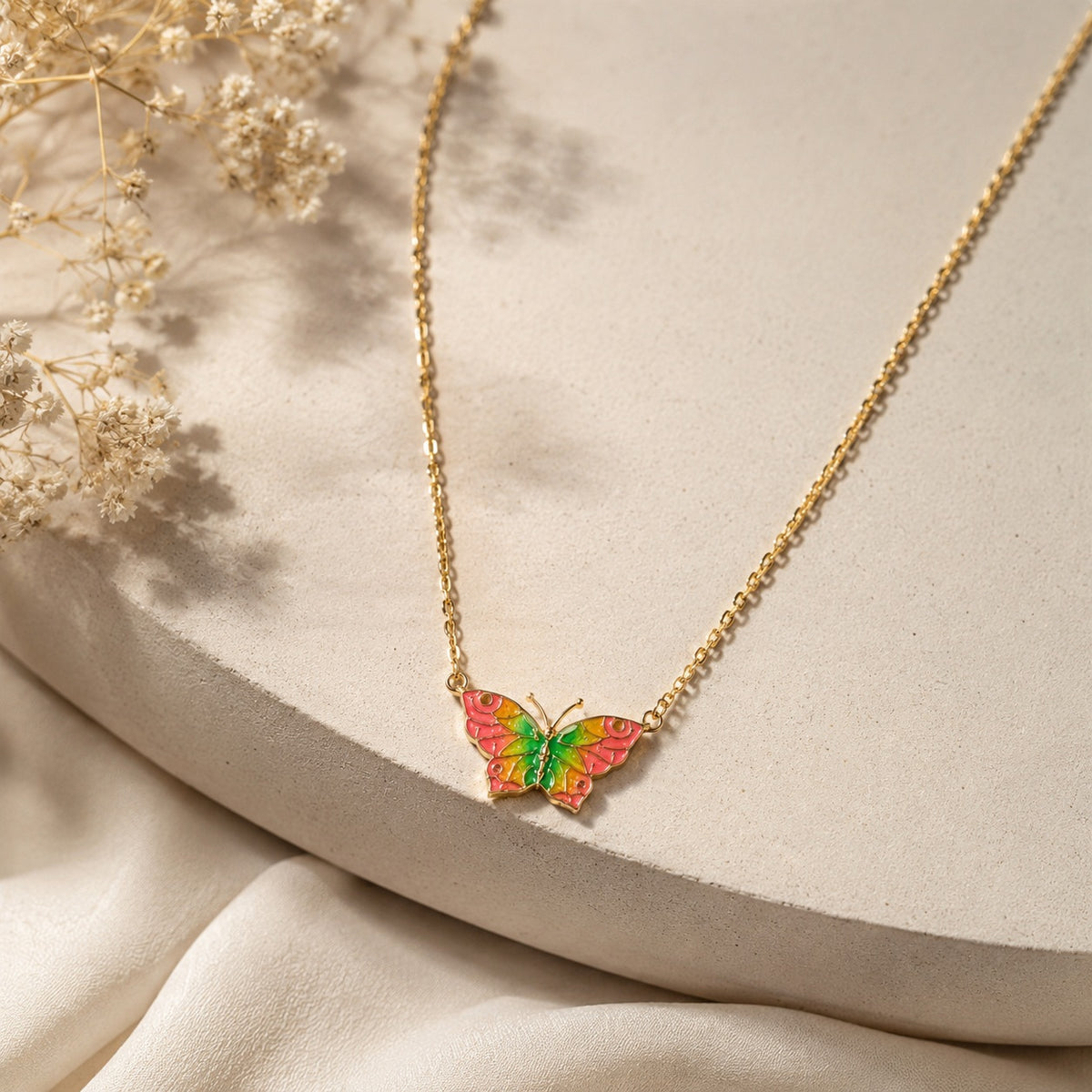 Silver Vibrant Enamel Butterfly Charm Necklace