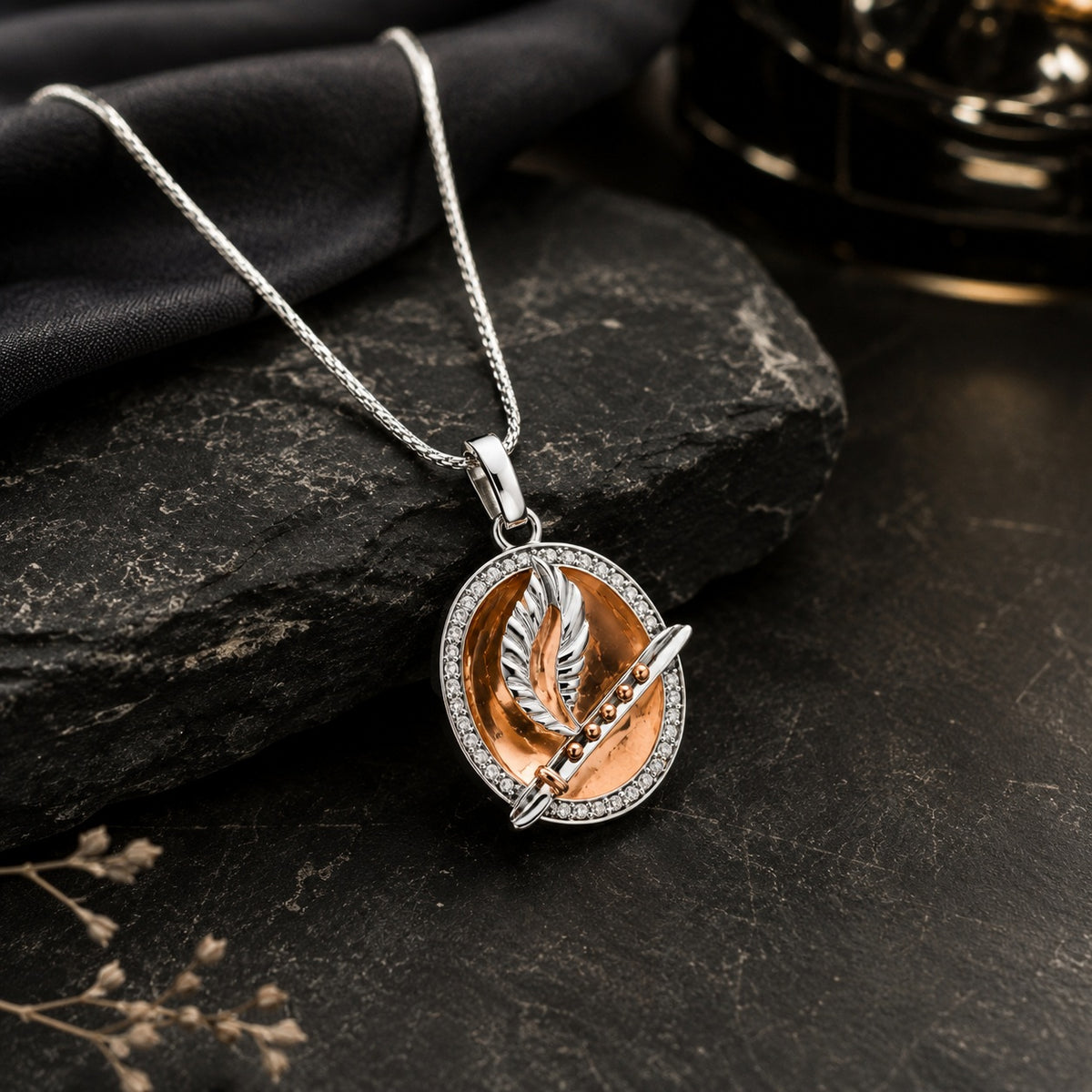 Silver Feather  Medallion Charm Pendant