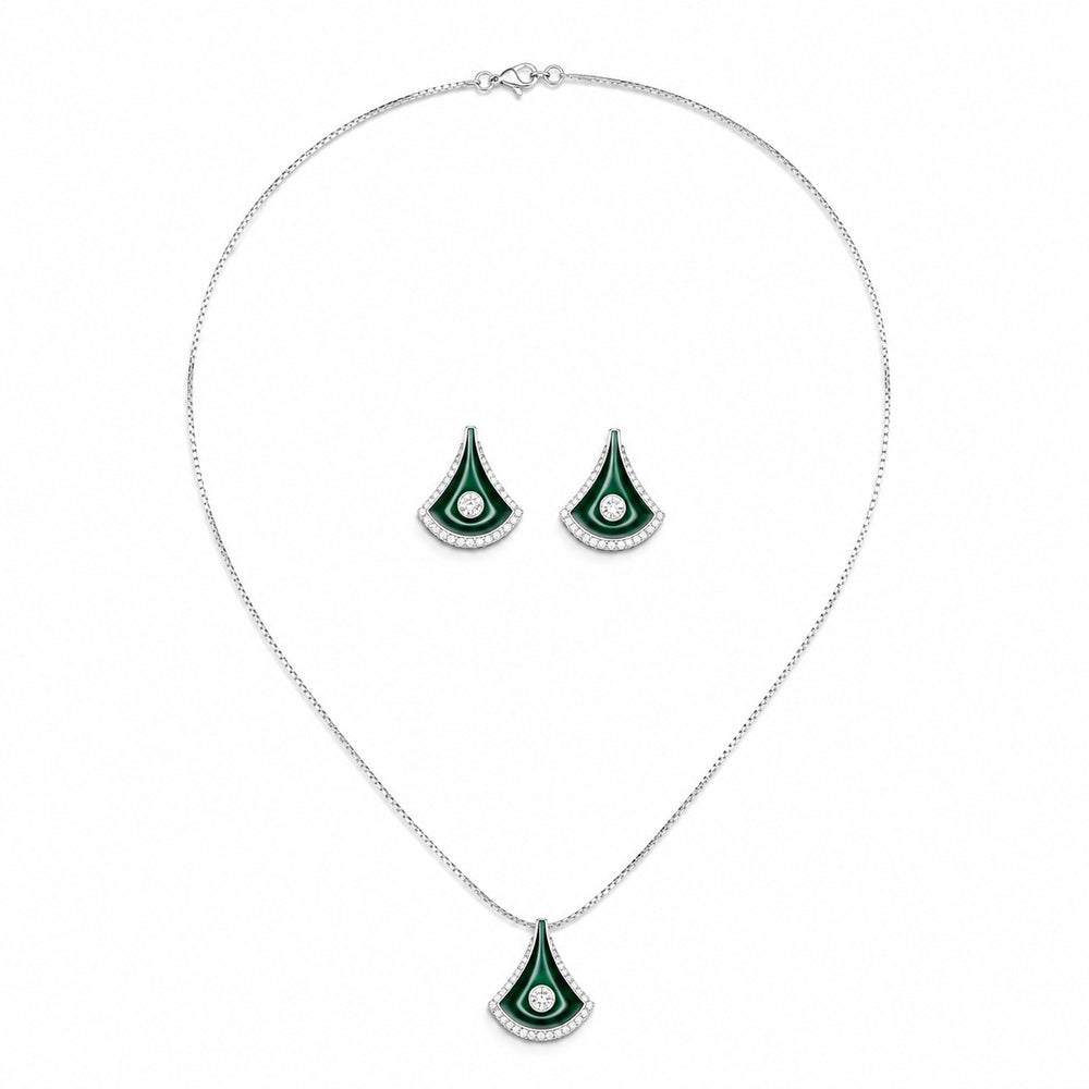 Silver Malachite Fan Pendant & Earrings Set
