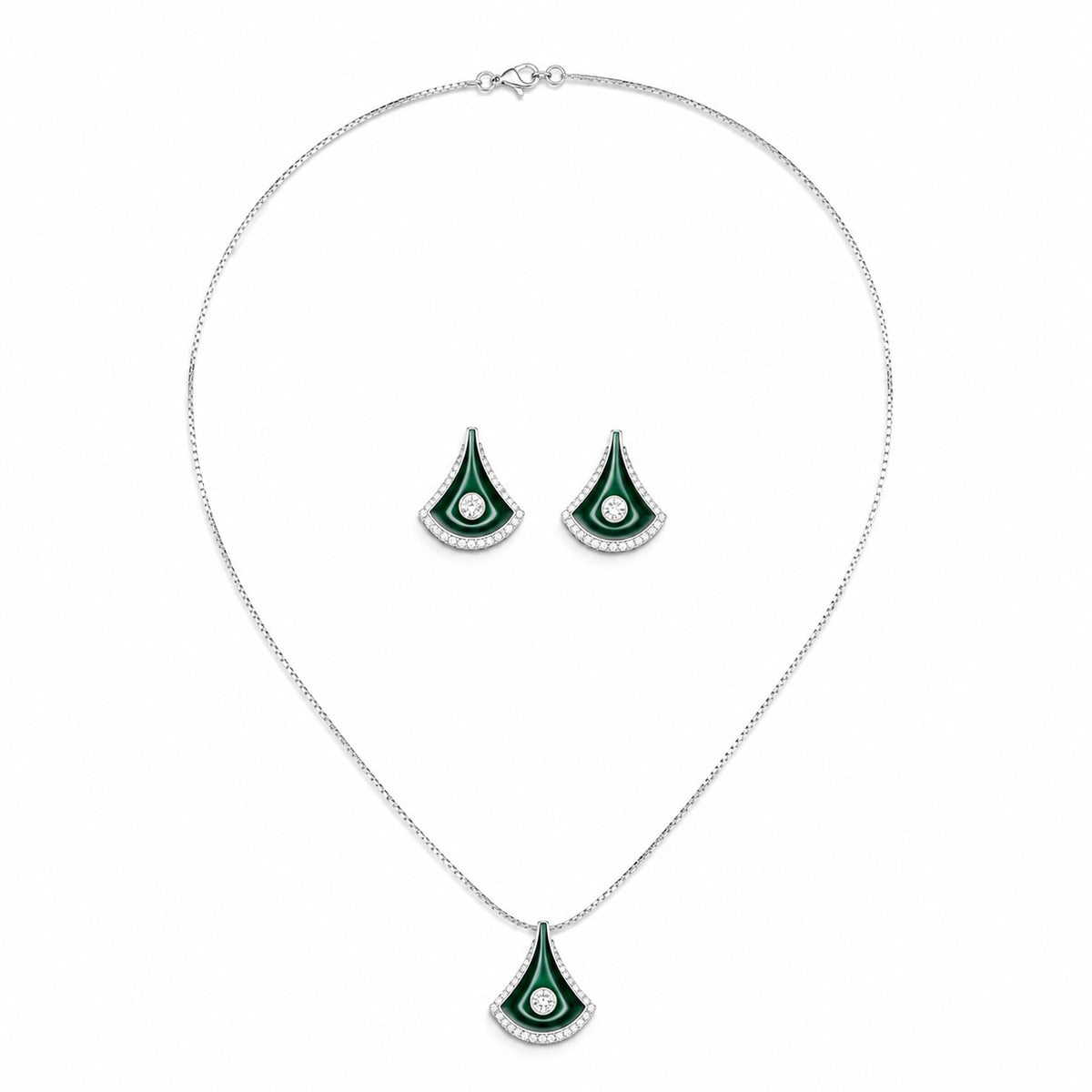 Silver Malachite Fan Pendant & Earrings Set