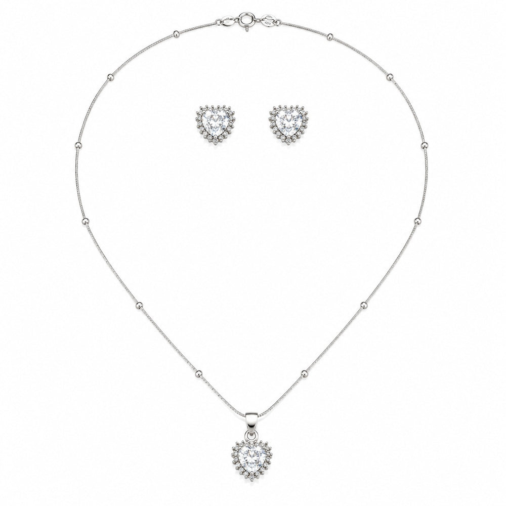 Silver Heart Halo Pendant & Earrings Set