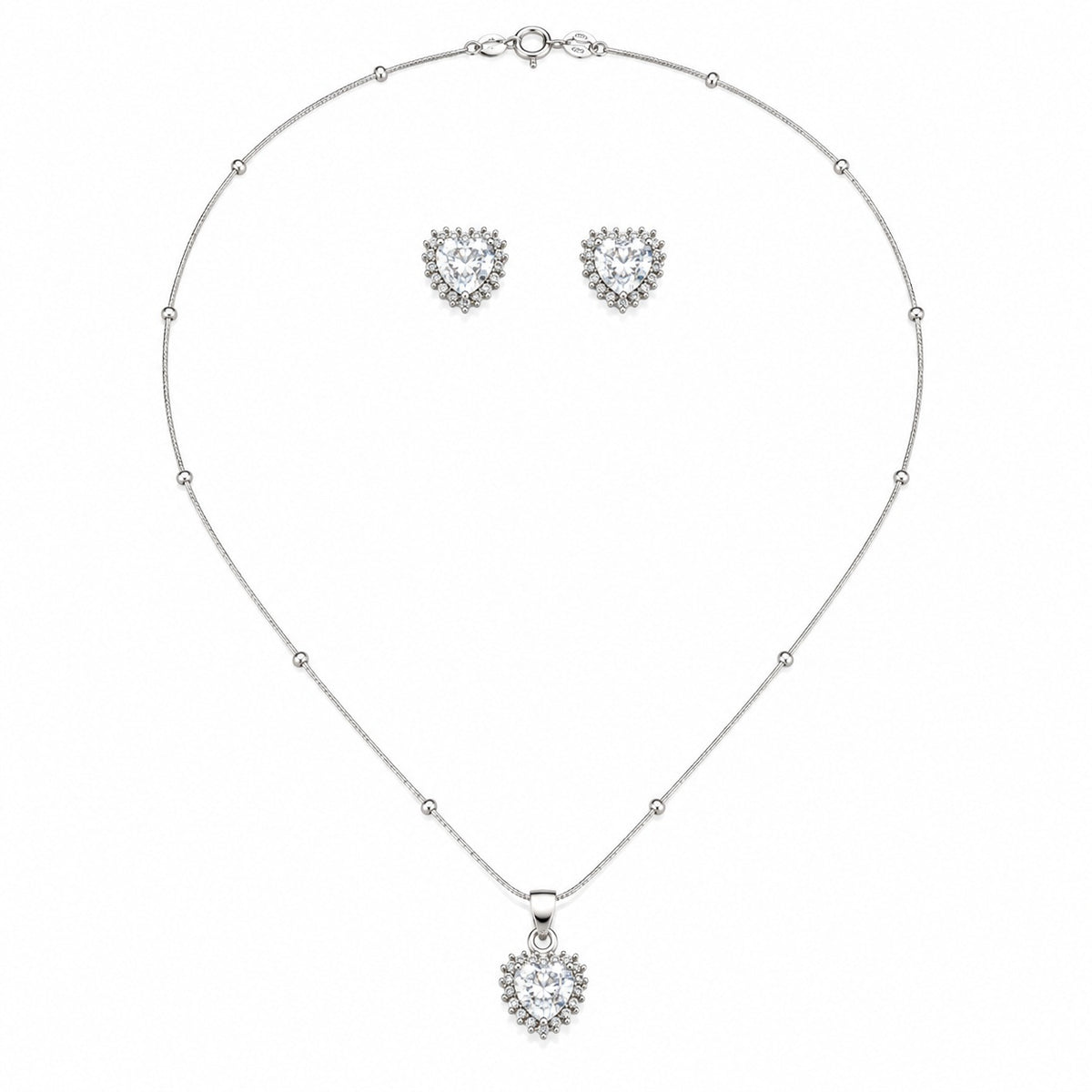 Silver Heart Halo Pendant & Earrings Set