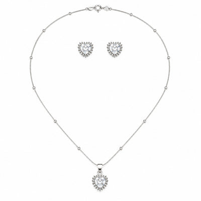 Silver Heart Halo Pendant & Earrings Set