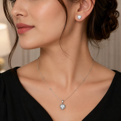 Silver Heart Halo Pendant & Earrings Set
