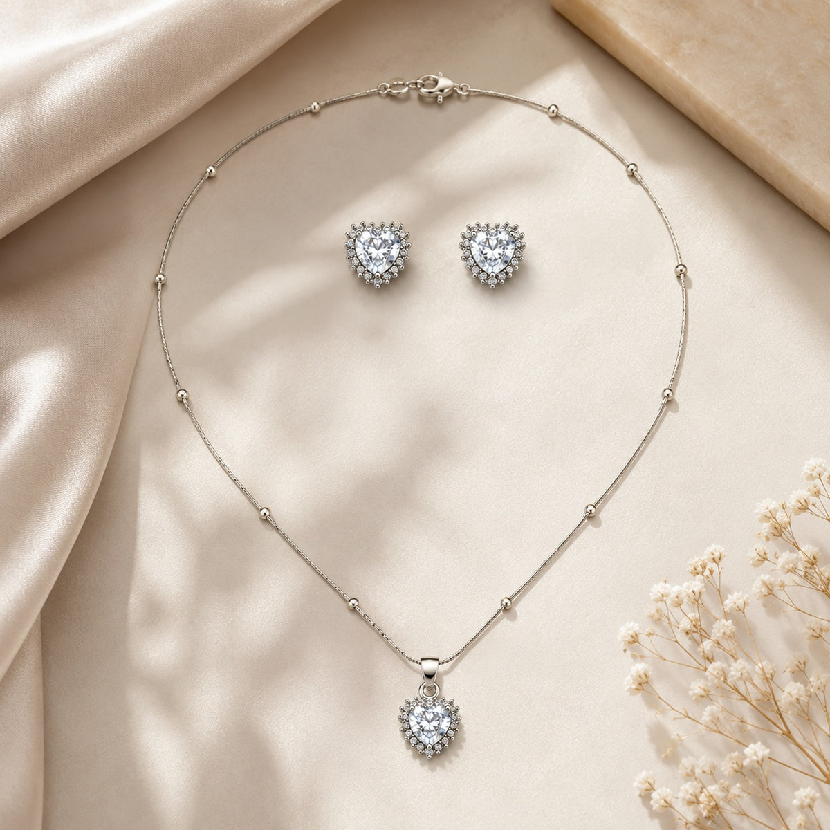 Silver Heart Halo Pendant & Earrings Set