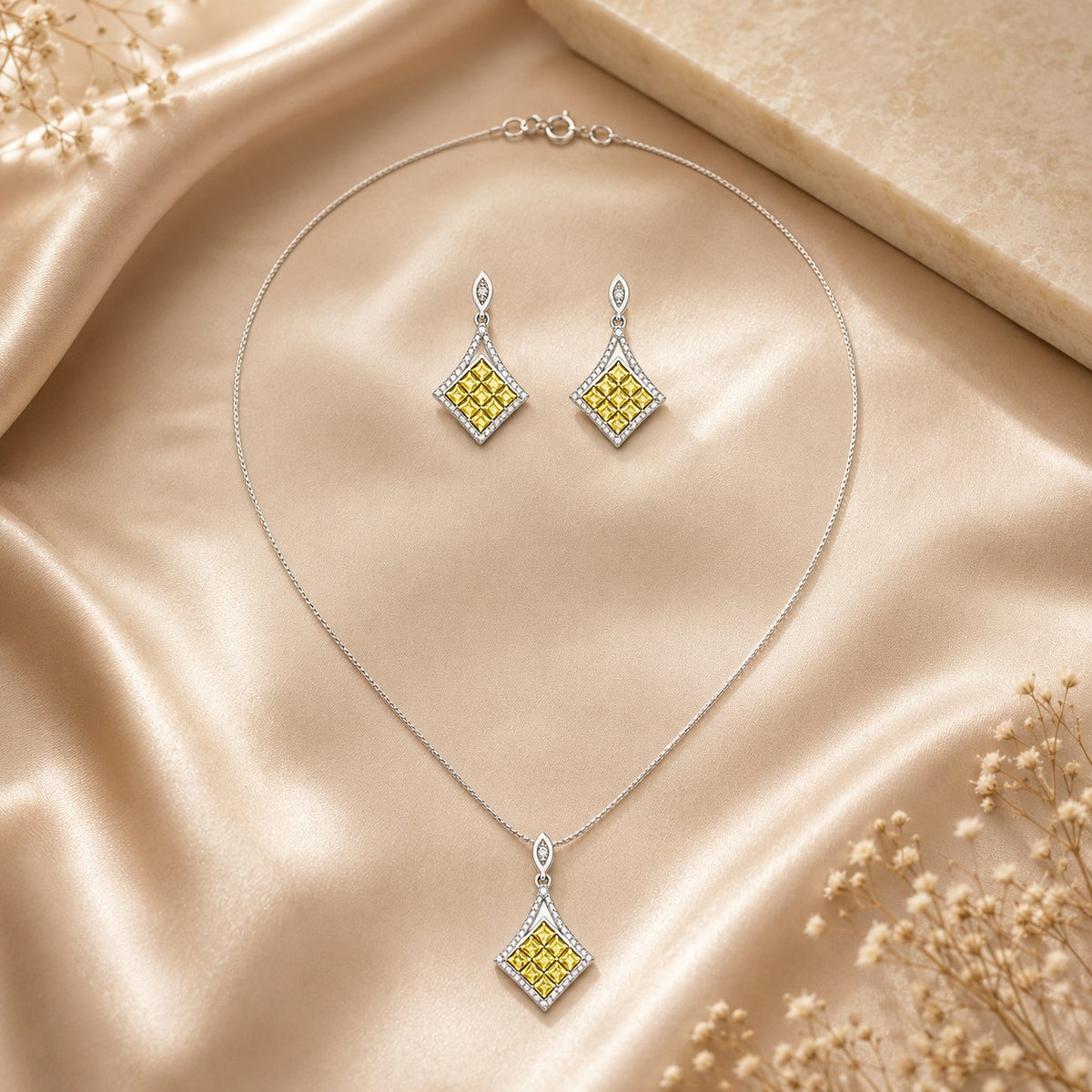 Silver Fancy Vivid Yellow Pendant and Earrings Set