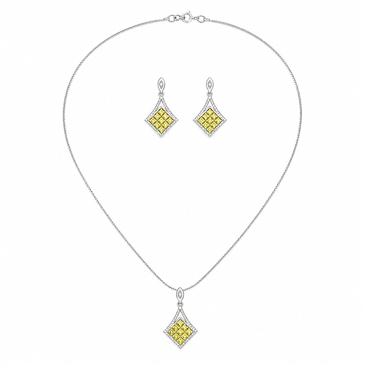 Silver Fancy Vivid Yellow Pendant and Earrings Set