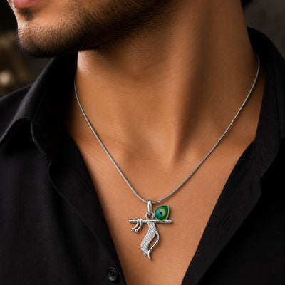 Silver Flute and Peacock Feather Emerald Charm Pendant