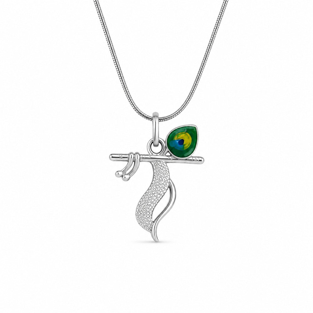 Silver Flute and Peacock Feather Emerald Charm Pendant
